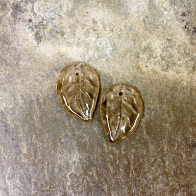 Czech Pressed Glass Engraved Pendant - Leaf 14x3MM LT SMOKE TOPAZ