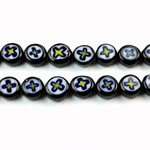 Glass Millefiori Bead - Flat Round 08x4MM BLACK WHITE BLUE YELLOW (39)