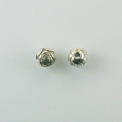 Metalized Plastic Engraved Bead - Rosebud  Round 06MM ANTIQUE SILVER