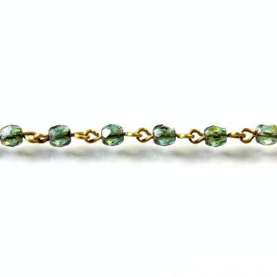 Linked Bead Chain Rosary Style with Glass Fire Polish Bead - Round 4MM GREEN-Brass