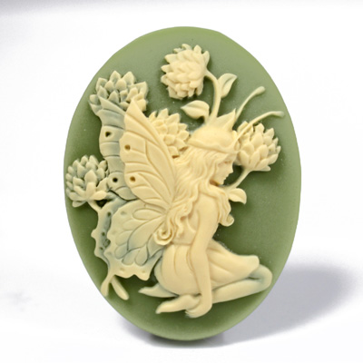 Plastic Cameo - Fairy Kneeling Oval 40x30MM IVORY ON OLIVE GREEN