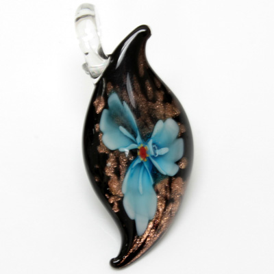 Glass Lampwork Pendant - 55x25mm Fancy Flower AQUA with GOLDSTONE on BLACK