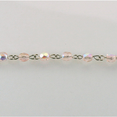 Linked Bead Chain Rosary Style with Glass Fire Polish Bead - Round 4MM ROSALINE AB-SILVER