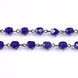 Linked Bead Chain Rosary Style with Glass Fire Polish Bead - Round 6MM COBALT-ROMAN Brass OX