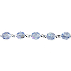 Linked Bead Chain Rosary Style with Glass Fire Polish Bead - Round 6MM LT SAPPHIRE AB-SILVER