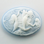 Plastic Cameo - Mermaids Swimming Oval 40x30MM WHITE ON BLUE FS