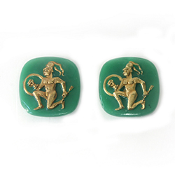 German Glass Flat Back Cameo Warrior Kneeling with Shield. Square Antique 20x20MM GOLD ON GREEN