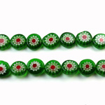 Glass Millefiori Bead - Flat Round 08x4MM GREEN WHITE RED (10)