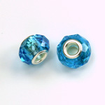 Glass Faceted Bead with Large Hole Silver Plated Center - Round 14x9MM AQUA