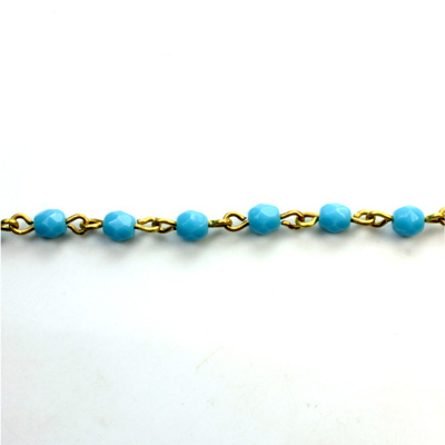 Linked Bead Chain Rosary Style with Glass Fire Polish Bead - Round 4MM LT BLUE-Brass