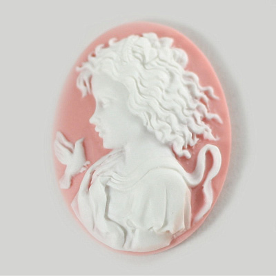 Plastic Cameo - Girl with Bird Oval 40x30MM WHITE ON PINK