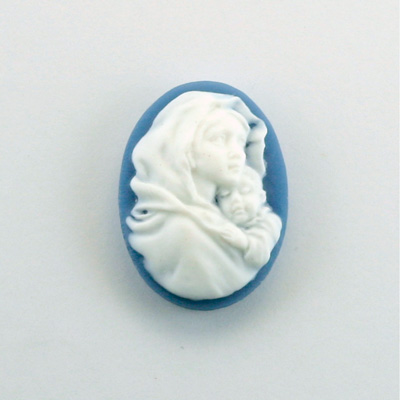 Plastic Cameo - Mother and Child Oval 25x18MM WHITE ON ROYAL BLUE