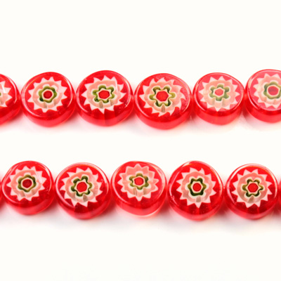 Glass Millefiori Bead - Flat Round 10x4MM RED WHITE GREEN (05)
