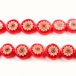 Glass Millefiori Bead - Flat Round 10x4MM RED WHITE GREEN (05)