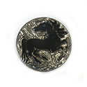 Czech Vintage Glass Flat Back Engraved Horse Cameo - Round 27MM ANTIQUED GOLD and some SILVER toned on JET