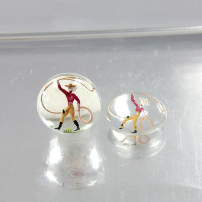 Glass Crystal Painting with Carved Intaglio Cowboy with Lasso Round 13MM  NATURAL on CRYSTAL