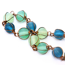 Linked Bead Chain Copper Wire Wrapped with Glass Matt Finish Lampwork Beads - Round 10MM MATT SEA GREEN MIX