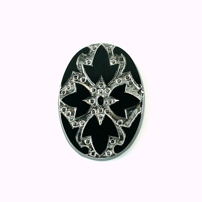 Glass Flat Back Engraved Victorian Intaglio - Oval 25x18MM SILVER on JET