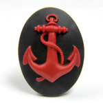 Plastic Cameo - Anchor Oval 40x30MM RED ON BLACK
