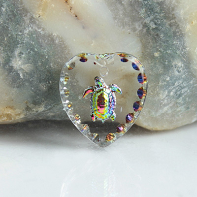 German Glass Engraved Buff Top Intaglio Pendant - TURTLE Heart Shape 15x14MM CRYSTAL HELIO RED
