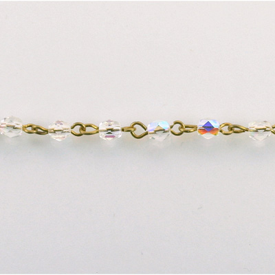 Linked Bead Chain Rosary Style with Glass Fire Polish Bead - Round 4MM CRYSTAL AB-Brass