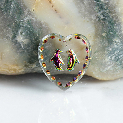 German Glass Engraved Buff Top Intaglio Pendant - PENGUINS Heart 15x14MM CRYSTAL HELIO RED