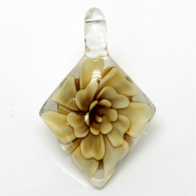 Glass Lampwork Pendant - 40x30mm Kite Flower BROWN on CRYSTAL