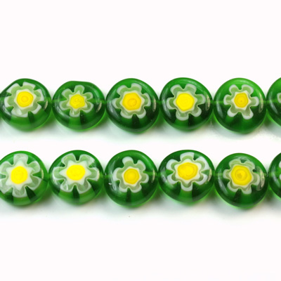 Glass Millefiori Bead - Flat Round 10x4MM GREEN WHITE YELLOW (14)