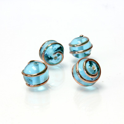 Czech Glass Lampwork Bead - Round 10MM COPPER WRAP AQUA