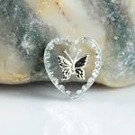 German Glass Engraved Buff Top Intaglio Pendant - BUTTERFLY Heart 15x14MM CRYSTAL SILVER