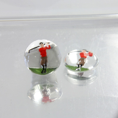 Glass Crystal Painting with Carved Intaglio Golfer - Round 13MM NATURAL on CRYSTAL