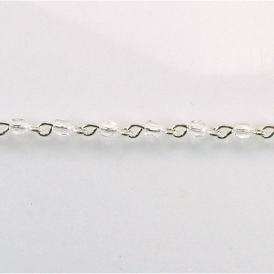 Linked Bead Chain Rosary Style with Glass Fire Polish Bead - Round 3MM CRYSTAL-SILVER
