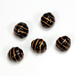 Czech Pressed Glass Engraved Bead - 12x10MM GOLD ON JET