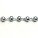 Linked Bead Chain Rosary Style with Glass Pearl Bead - Round 6MM LT BLUE-SILVER