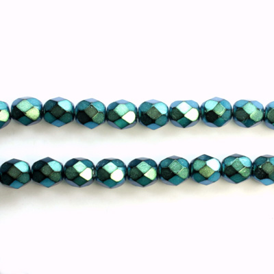 Czech Glass Pearl Faceted Fire Polish Bead - Round 06MM POLYNESIAN GREEN ON BLACK 19044