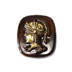 German Glass Cameo Warrior Head Cushion Antique 16X14MM GOLD on BROWN TIGER EYE BASE