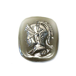German Glass Cameo Warrior Head Cushion Antique 16x14MM HEMATITE on GREY AGATE BASE