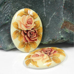 Japanese Glass Porcelain Decal Painting - 2 Roses (2094) Oval 25x18MM ON IVORY BASE