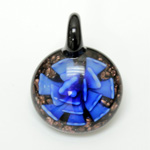 Glass Lampwork Pendant - 33mm Round Flower BLUE with GOLDSTONE on BLACK