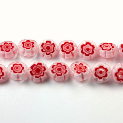 Glass Millefiori Bead - Flat Round 08x4MM WHITE RED (01)