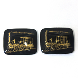 German Glass Crystal Painting with Reverse Intaglio - Dewitt Clinton Train - Cushion Antique 27x22MM GOLD on JET