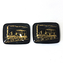 German Glass Crystal Painting with Reverse Intaglio - Dewitt Clinton Train - Cushion Antique 27x22MM GOLD on JET