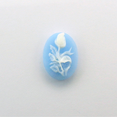 Plastic Cameo - Flower, Rose Oval 18x13MM WHITE ON BLUE