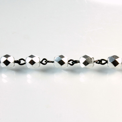Linked Bead Chain Rosary Style with Glass Fire Polish Bead - Round 6MM SILVER-JET