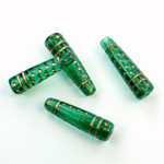 Czech Pressed Glass Engraved Bead - Oblong 23x7MM GOLD ON EMERALD