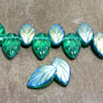 Czech Pressed Glass Engraved Pendant - Leaf 11x7MM EMERALD AB