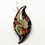 Glass Lampwork Pendant - 55x25mm Fancy Flower BROWN with GOLDSTONE on BLACK