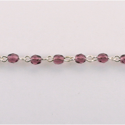 Linked Bead Chain Rosary Style with Glass Fire Polish Bead - Round 4MM AMETHYST-SILVER
