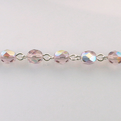 Linked Bead Chain Rosary Style with Glass Fire Polish Bead - Round 6MM LT AMETHYST AB-SILVER