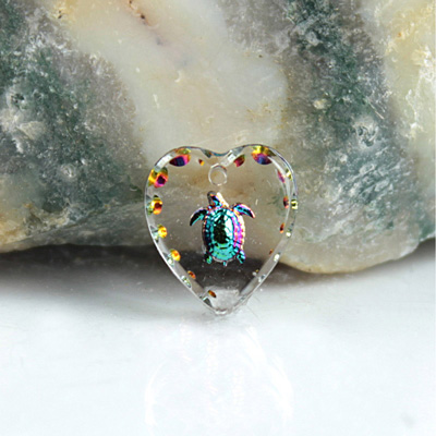 German Glass Engraved Buff Top Intaglio Pendant - TURTLE Heart 12x11MM CRYSTAL HELIO GREEN